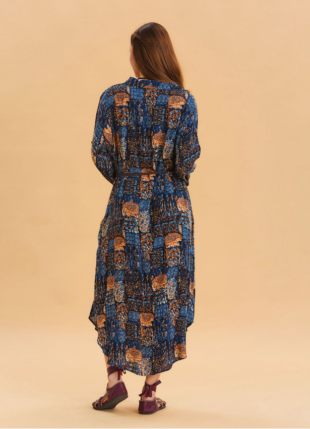 P Shirt Collar Belt Detailed Blue Bohemian Dress 4451